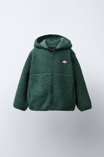 ZARA КУРТКА ИЗ ИСКУССТВЕННОЙ ОВЧИНЫ С КАПЮШОНОМ, ЗЕЛЕНЫЙ