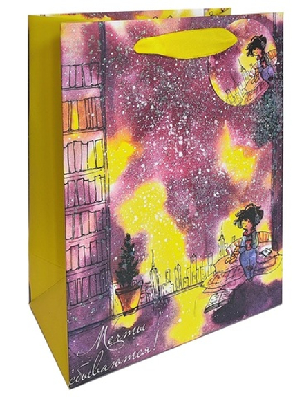 Пакет подарочный бумажный "Космоскетчи", мат. ламин., блестки, 26x32x12см