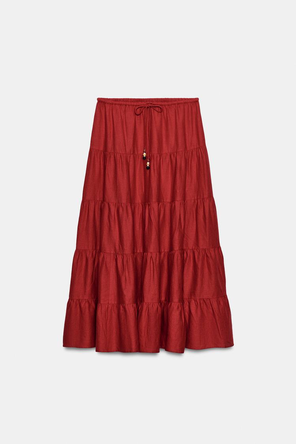 ZARA ЮБКА МИДИ ИЗ ЛЬНА СО СБОРКАМИ, ГРАНАТОВЫЙ