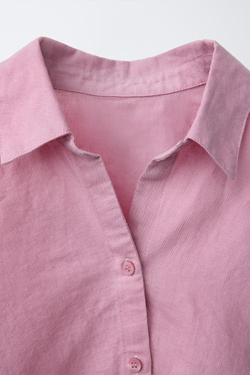 ZARA РУБАШКА ИЗ СМЕСОВОГО ЛЬНА СО СБОРКАМИ, РОЗОВЫЙ