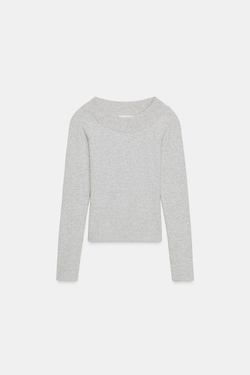 ZARA ФУТБОЛКА В РУБЧИК С ВЫРЕЗОМ «ЛОДОЧКА», СЕРЫЙ МЕЛАНЖ