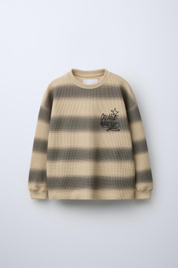 ZARA ФУТБОЛКА ИЗ РЕЛЬЕФНОЙ ТКАНИ В ПОЛОСКУ, ПЕСОЧНЫЙ