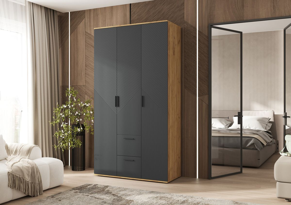 Шкаф для одежды распашной с полками и штангой 4 створки Браш Графит/Дуб Юкон 160х 51х 223 см