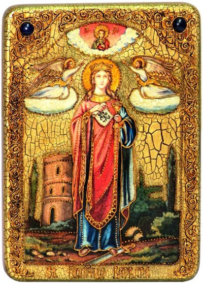 Инкрустированная икона Святая великомученица Варвара Илиопольская 29х21см на натуральном дереве в подарочной коробке