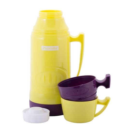 Термос 1 л. со стеклянной колбой Kamille KM 2031 пластиковый, 2 чашки