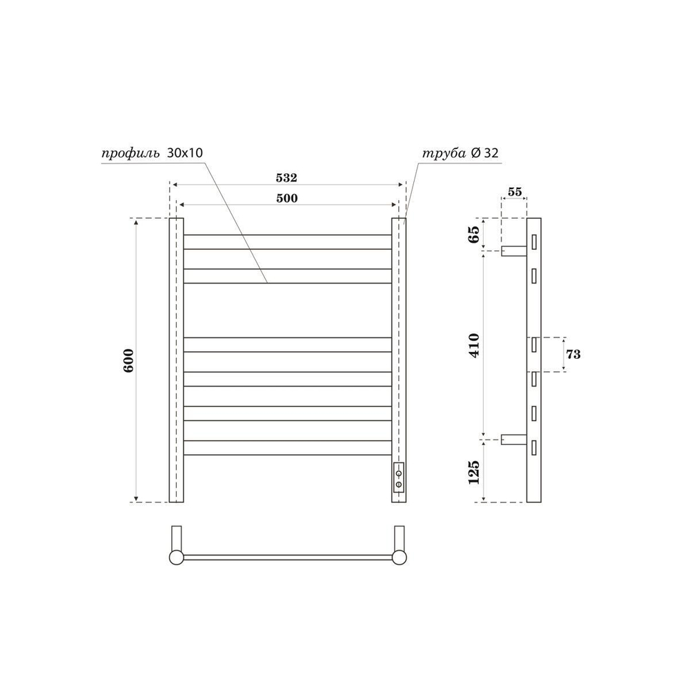 Полотенцесушитель электрический Point Селена PN16856W П6 500x600, диммер справа, белый схема