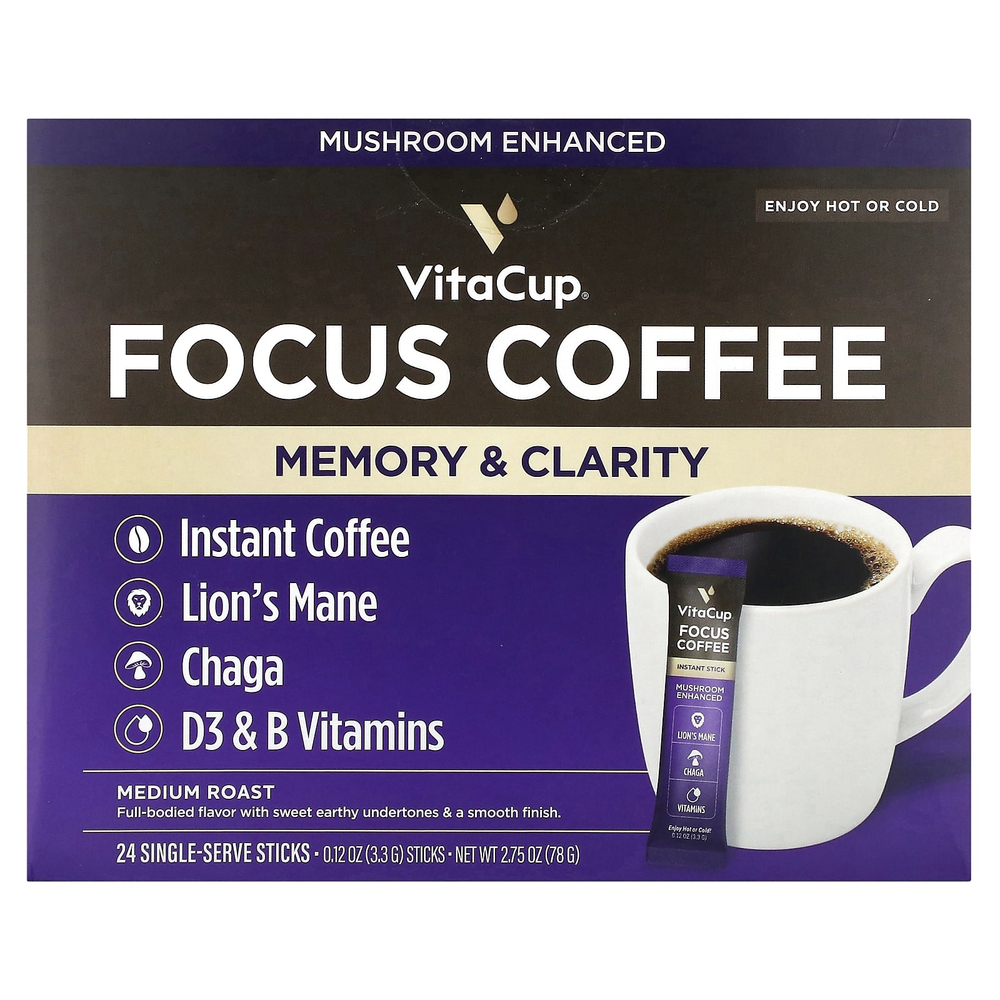 VitaCup, Focus растворимый кофе, средней обжарки, 24 палочки на одну порцию, по 3,3 г (0,12 унции)