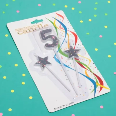 Свеча для торта Цифра Звёздное сияние «5» 16 см (набор 3шт), серебро