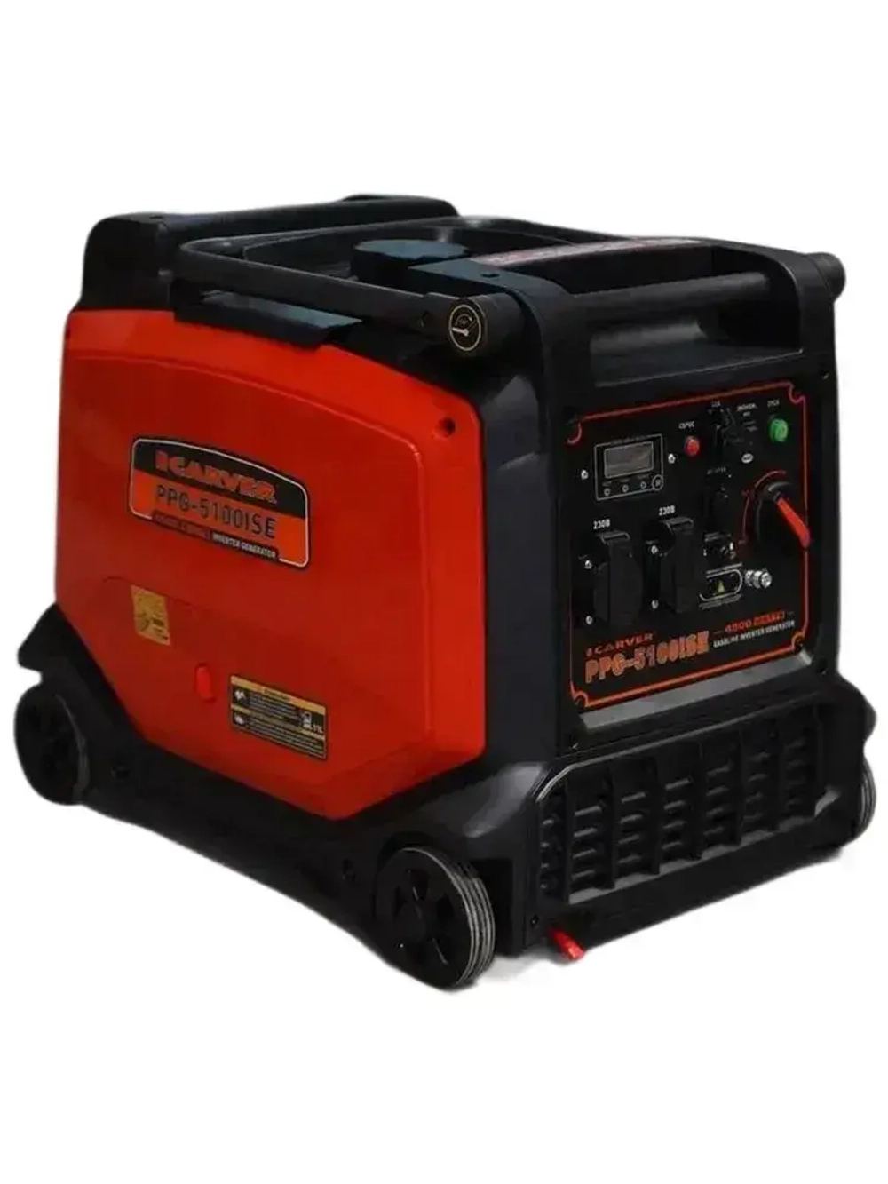 Генератор бензиновый Carver PPG-5100ISE инверторный (4.5 кВт, 230В, бак 11л, двигатель 236 куб.см, электростартер, DOUBLE USB QC 2.0. 3.0, дисплей, рукоятки + колеса) / бензогенератор / электростанция