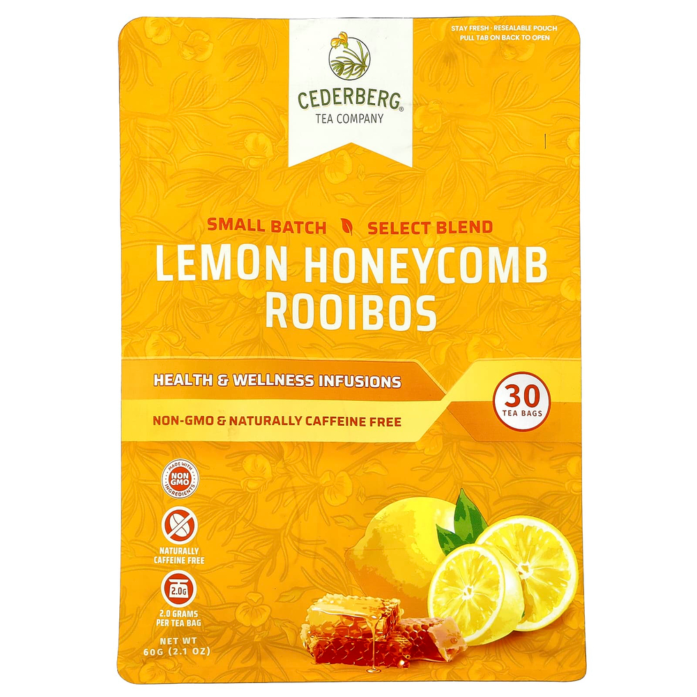 Cederberg Tea Co, ройбуш, лимон и соты, без кофеина, 30 чайных пакетиков, 60 г (2,1 унции)