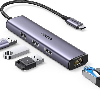 Конвертер USB 3.1 Type C на LAN RJ-45,1000Mbps + USB 3.0 HUB 3 port, 0.2m UGREEN 60600