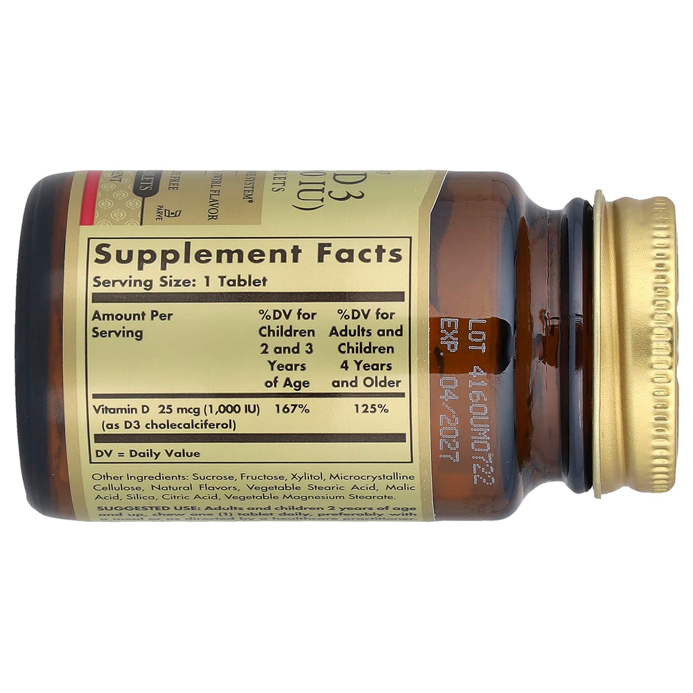 Solgar, витамин D3, натуральный клубнично-банановый вкус, 25 мкг (1000 МЕ), 100 жевательных таблеток