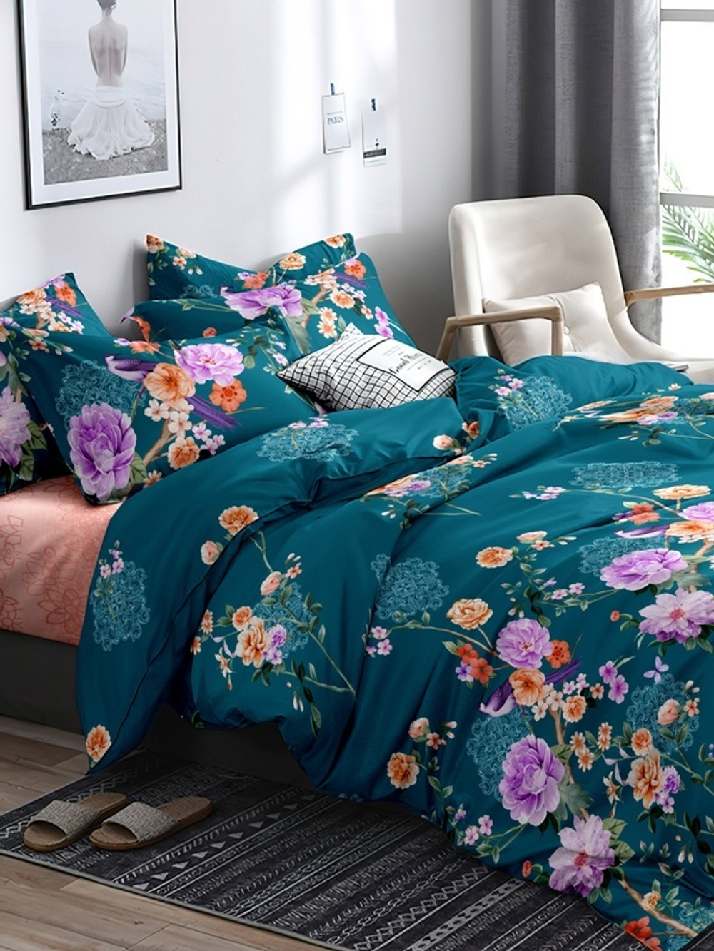 Постельное белье 1,5 полисатин Павлайн Ветки с цветами на зеленом (А)