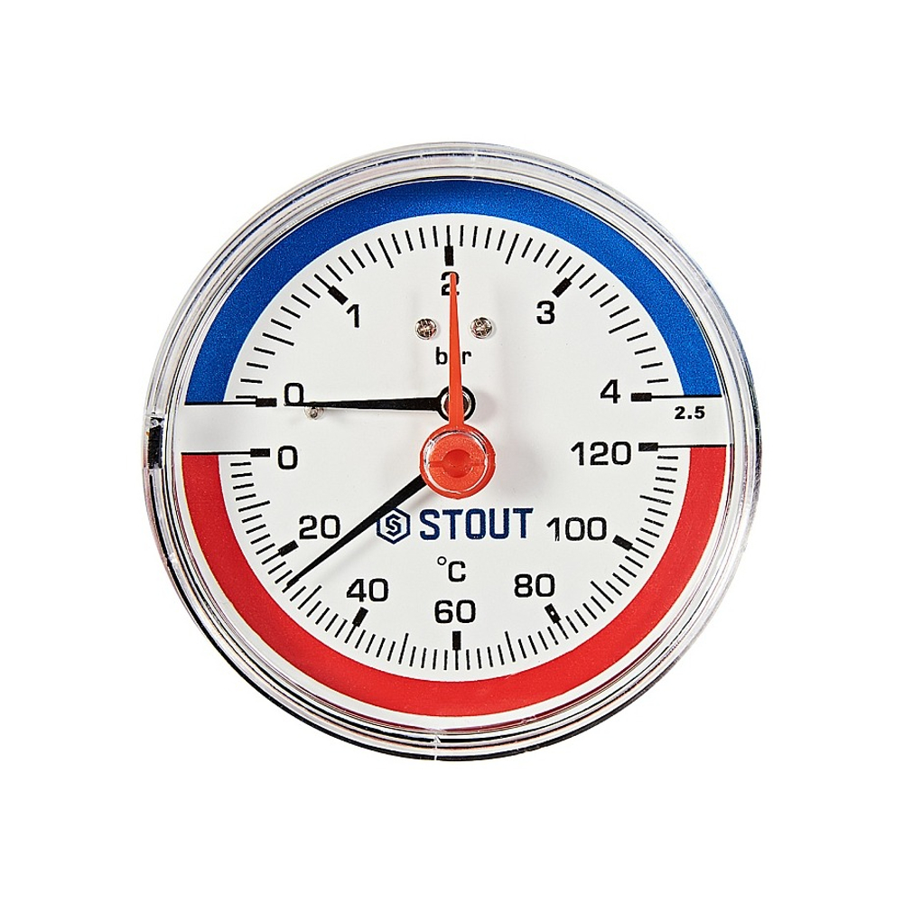 Термоманометр аксиальный STOUT - 1/2" (D80 мм, шкала 0-120°C/0-4 бар, с запорным клапаном)