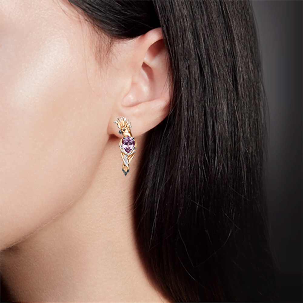 Серьги «Попугаи Какаду» с английским замком из красного золота с аметистом