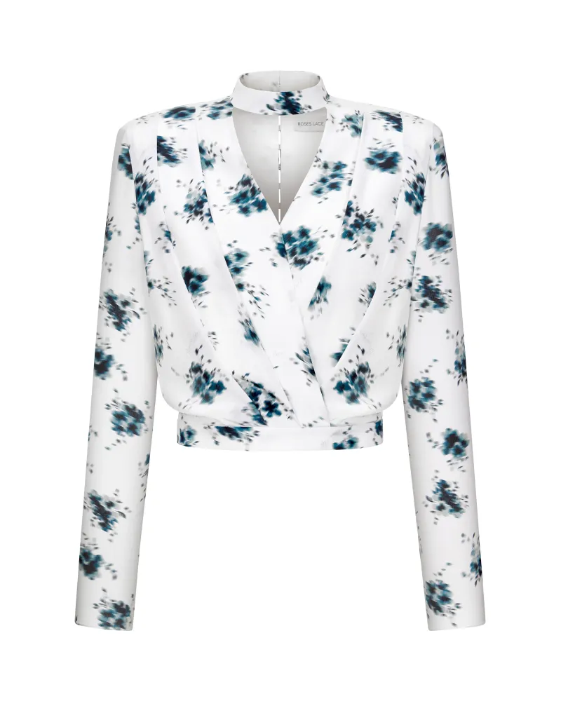 Jasmine top, топ с длинным рукавом и чокером из молочного крепдешина со средним цветочным принтом