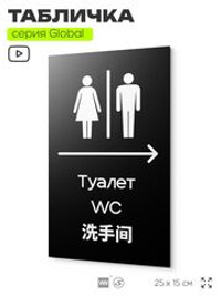 Табличка Туалет направо, на дверь и стену, информационная и мультиязычная (русский, английский, китайский), серия GLOBAL, 25х15 см, Айдентика Технолоджи