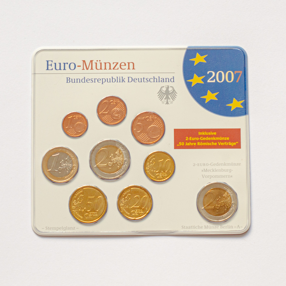 Germany 2007 Year Set (A, D, F, G, J) + 5 x 2 Euro: "Schwerin Castle (Mecklenburg-Vorpommern)" and "50th anniversary of the Treaty of Rome"