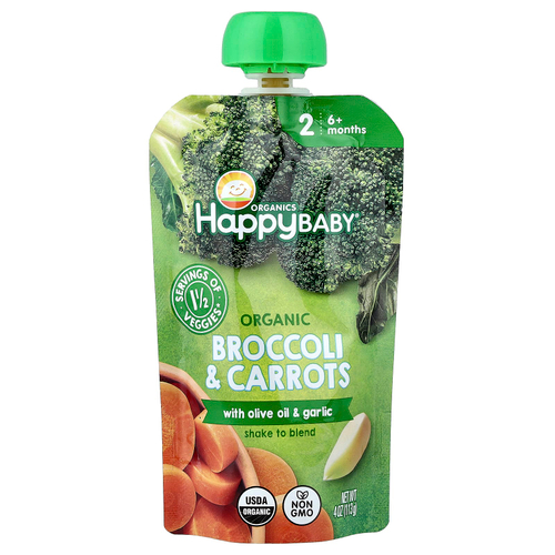 Happy Family Organics, Happy Baby®, органическая брокколи и морковь с оливковым маслом и чесноком, для детей от 6 месяцев, 113 г (4 унции)