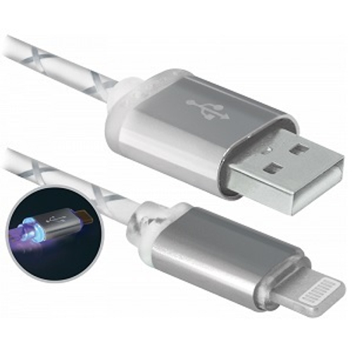 Кабель для Apple Lightning, Defender, LED-подсветка, 1м, белый (ACH03-03LT)