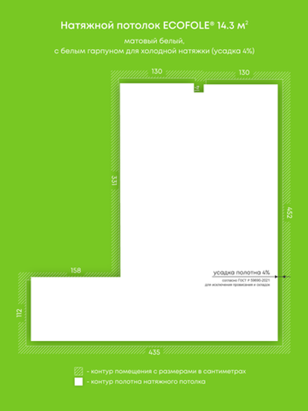 Матовый натяжной потолок 14.3 м2