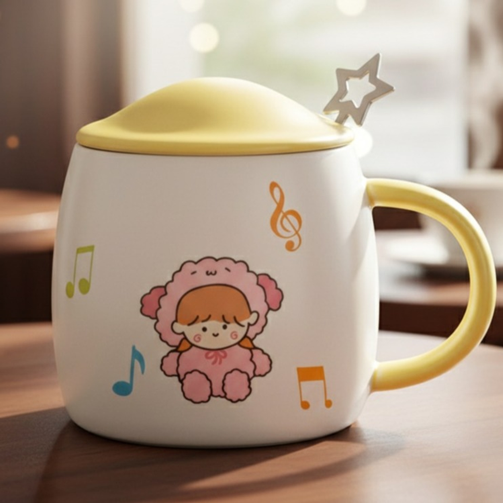 Керамическая кружка с крышкой и ложкой, бело-желтый, 420 мл