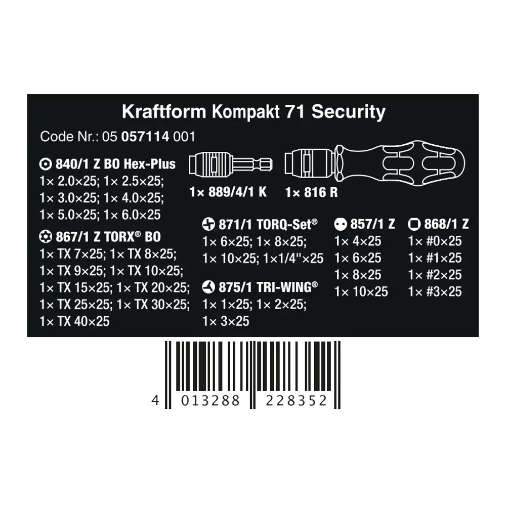 Набор отвёрток Kraftform Kompakt 71 Security WERA 05057114001