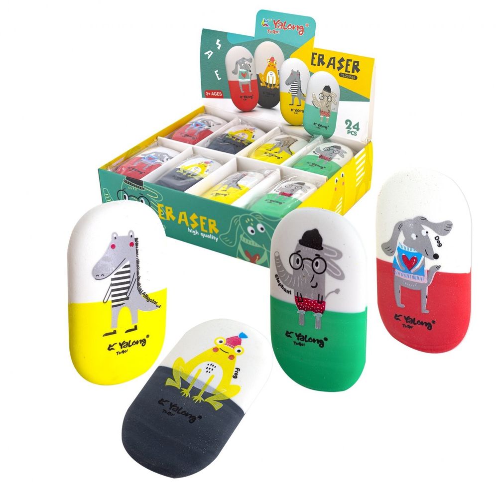 Ластик Yalong, синтетический каучук, овал, цвет ассорти, 35*60*10 мм, картонная упаковка, "Веселые зверята" Ластик Yalong, синтетический каучук, овал, цвет ассорти, 35*60*10 мм, картонная упаковка, "Веселые зверята"