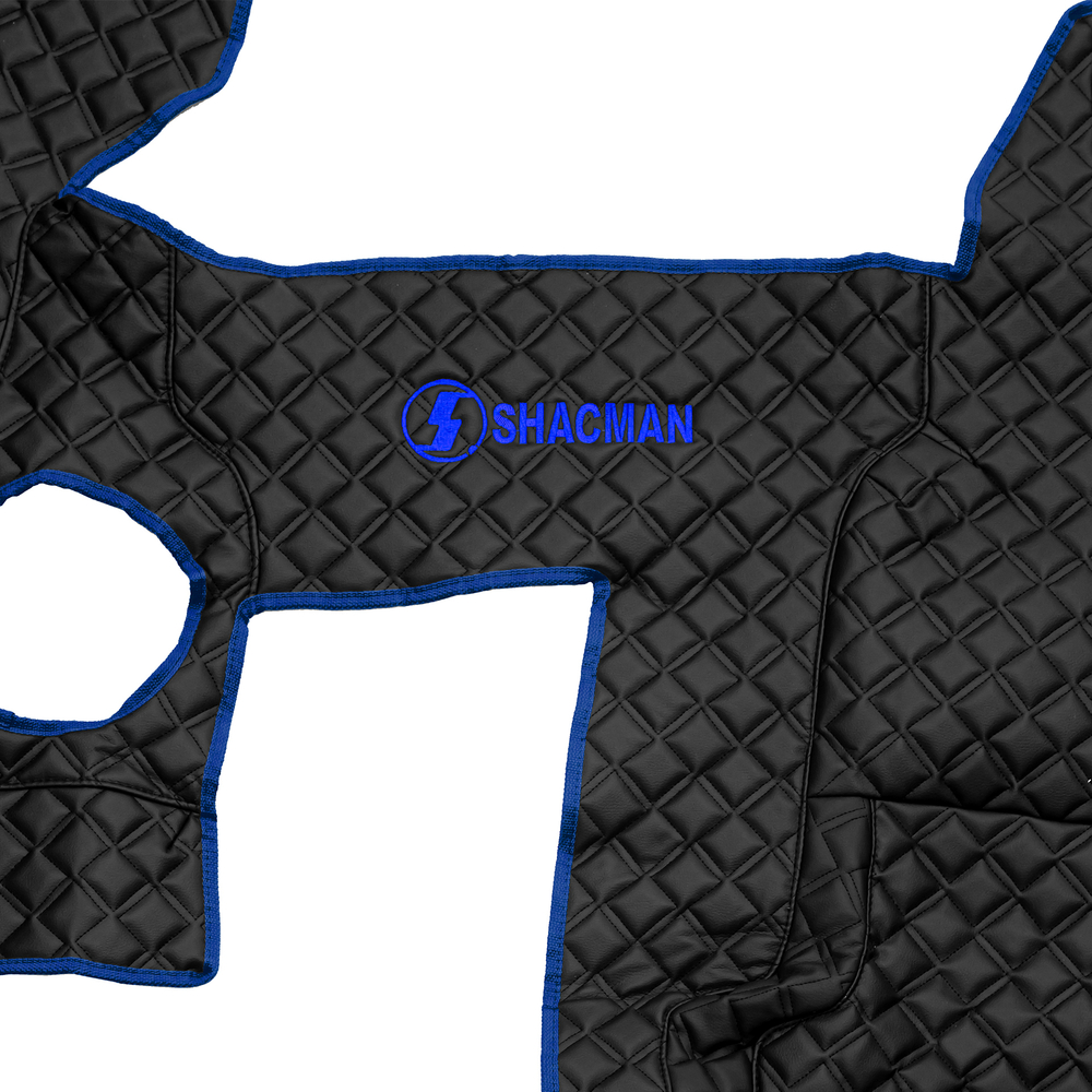 Ковры SHACMAN F3000 (экокожа, черный, синий кант, синяя вышивка)