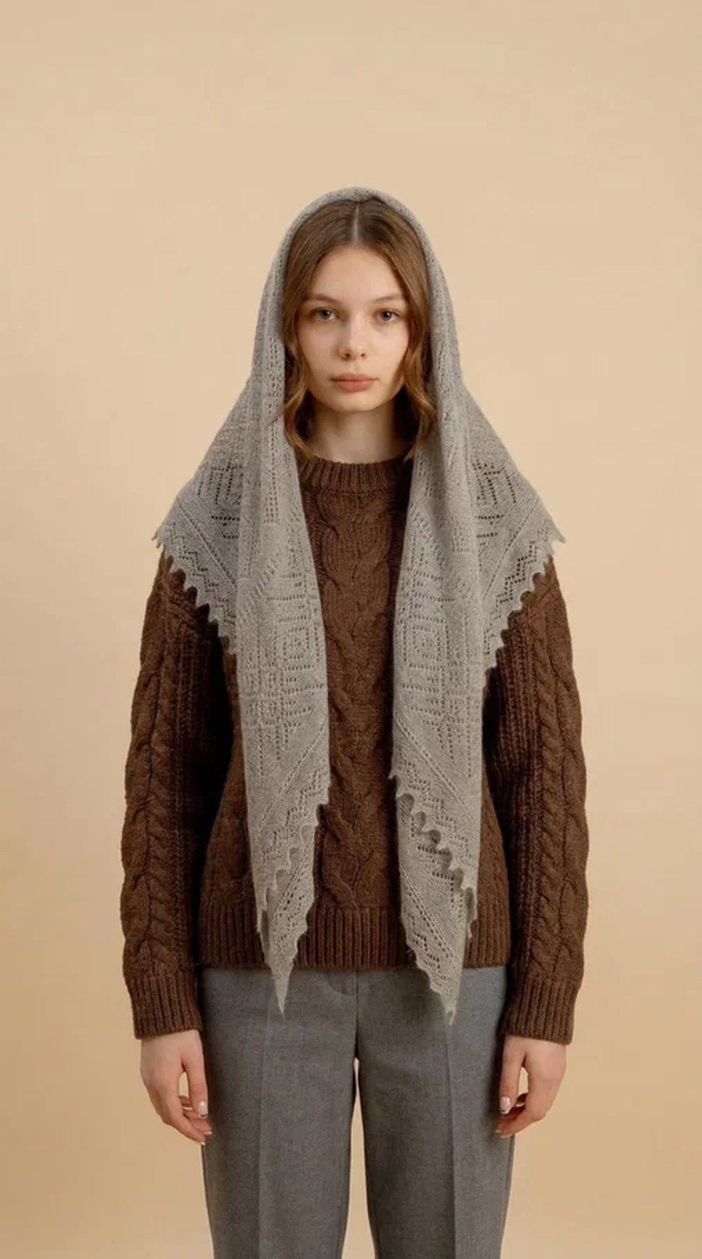 Оренбургский пуховый платок-паутинка А110-03 серый