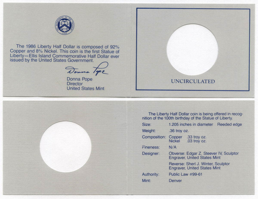 1/2 доллара 1986 (D). США. Нация иммигрантов. Медь с плакировкой UNC в родной коробке с сертификатом