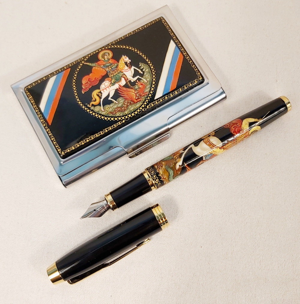 Набор "Георгий Победоносец"  визитница персональная, ручка перьевая с росписью Палех