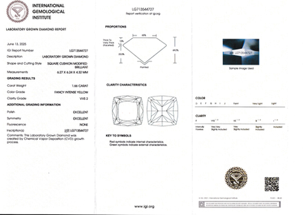 Лабораторно-выращенный бриллиант кушон 6.27 х 6.24 х 4.32 мм Fancy INTENSE YELLOW/VVS2 1.66 ct