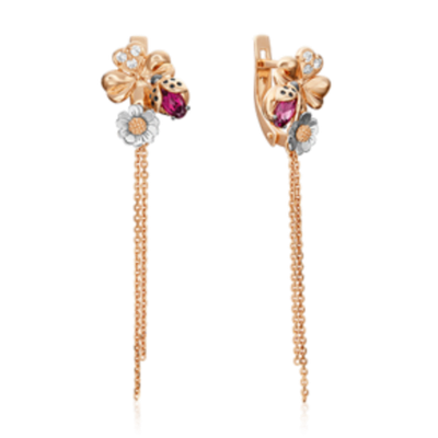 Серьги «Драгоценный сад» (пожелание удачи) с английским замком из комбинированного золота c гранатом, натуральными топазами white и эмалью Артикул: 02-4690-00-264-1111-76