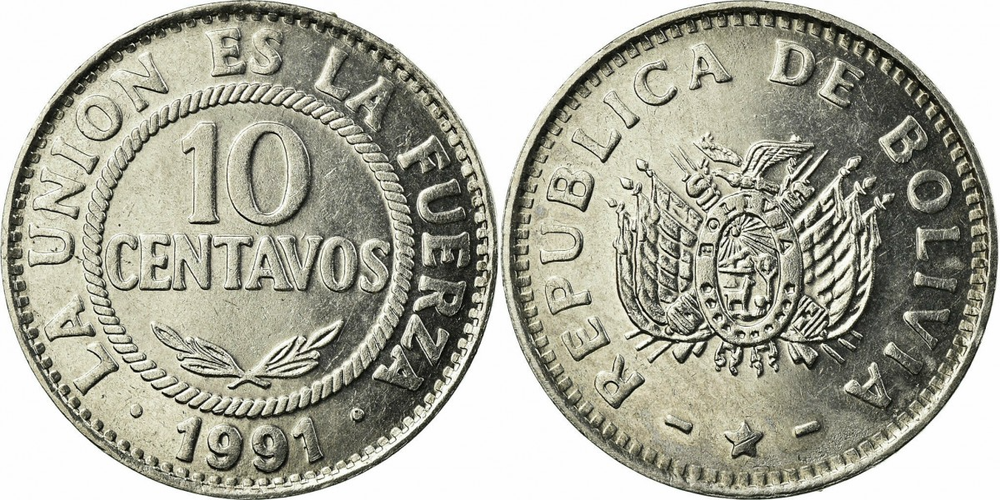 Боливия 10 сентаво, 1987 - 1997 Герб UNC