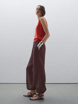 Massimo Dutti Брюки из струящейся смесовой ткани рами на шнурках, гранатовый