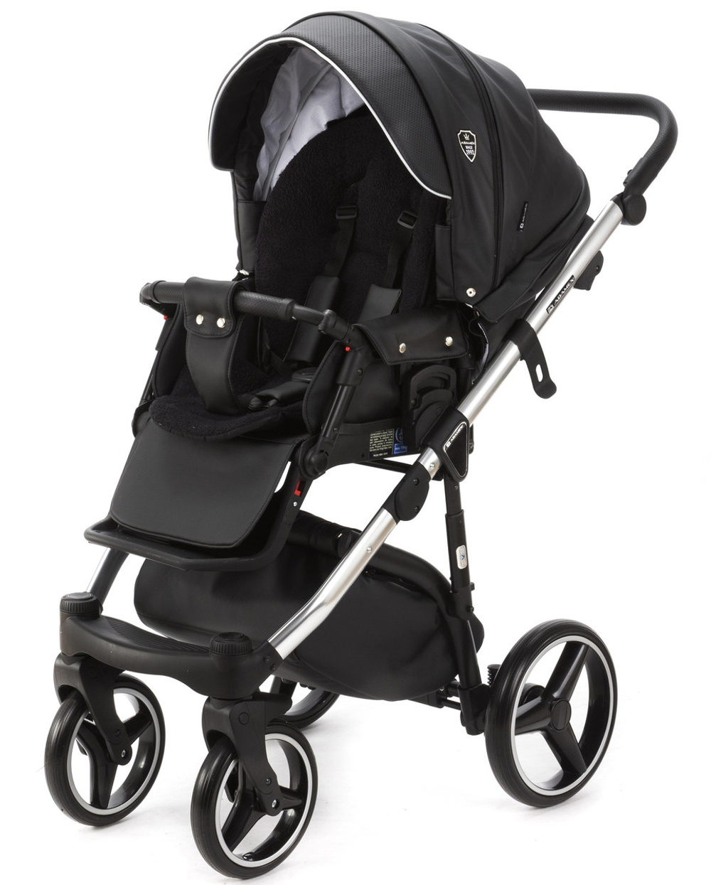Детская коляска Adamex Cortina Deluxe 3 в 1 CT334/A (ЧЕРН.КОЖА+СЕРЕБ.ОТДЕЛКА+ХРОМ РАМА)