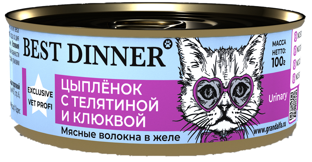 BEST DINNER Vet Profi Консервы для кошек, профилактика МКБ "Цыпленок с телятиной и клюквой" 0,1 кг