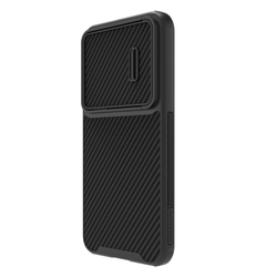 Чехол от Nillkin для смартфона Samsung Galaxy S23, серия Synthetic Fiber S (покрытие синтетический карбон), полуавтоматическая конструкция сдвижной крышки