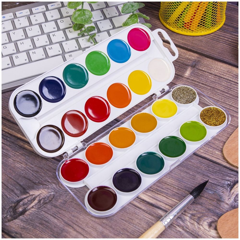 Краски акварельные ЮНЛАНДИЯ "ЮНЫЙ ВОЛШЕБНИК", медовые, 22+2 цвета (золото + серебро), ВОЛШЕБНЫЕ, 191328