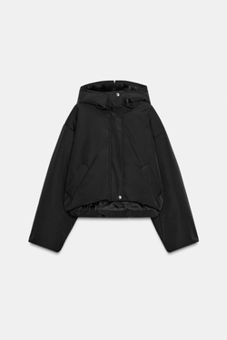 ZARA СТЕГАНАЯ ВЕТРОЗАЩИТНАЯ КУРТКА WATER REPELLENT С КАПЮШОНОМ И МЕХОМ, ЧЕРНЫЙ