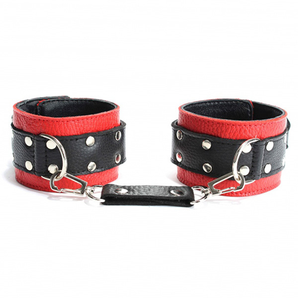 Красно-чёрные наручники из натуральной кожи БДСМ Арсенал 51003