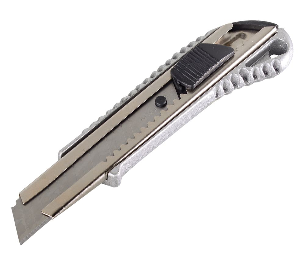 Нож с выдвижным лезвием 18 мм, металлический корпус, металлическая направляющая, автоматический фиксатор, Вихрь