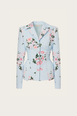 Приталенный жакет из голубого хлопка с цветочным принтом