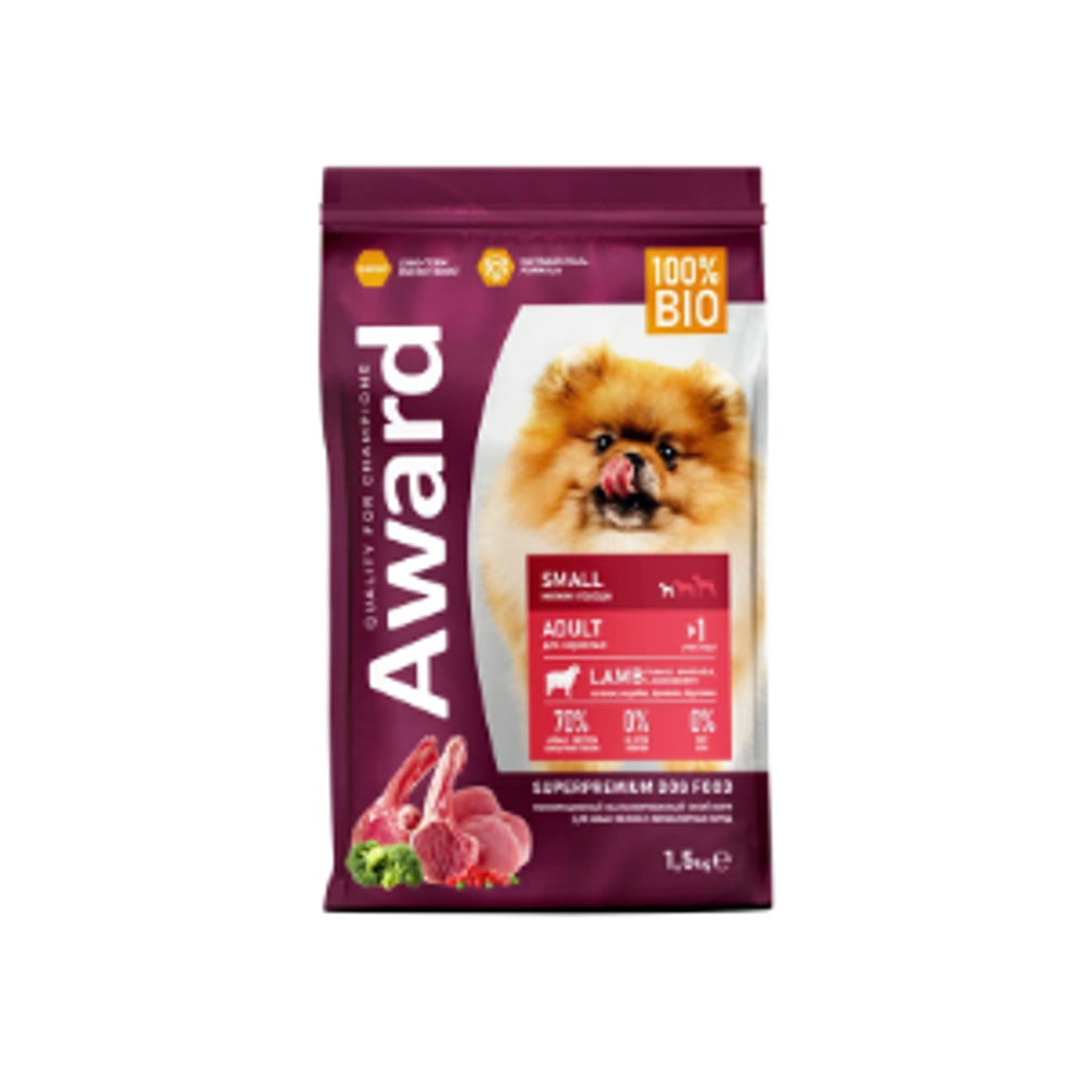 Сухой корм AWARD для взрослых собак мелких и миниатюрных пород с ягненком и индейкой с добавлением брокколи и брусники 1,5кг
