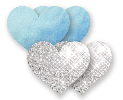 Комплект из 1 пары голубых пэстис-сердечек и 1 пары серебристых пэстис-сердечек с блёстками