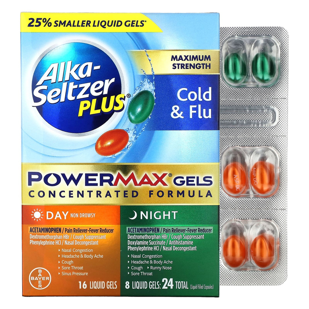 Alka-Seltzer Plus, Максимальная сила действия при простуде и гриппе, PowerMax, дневное и ночное средство, 24 жидких геля