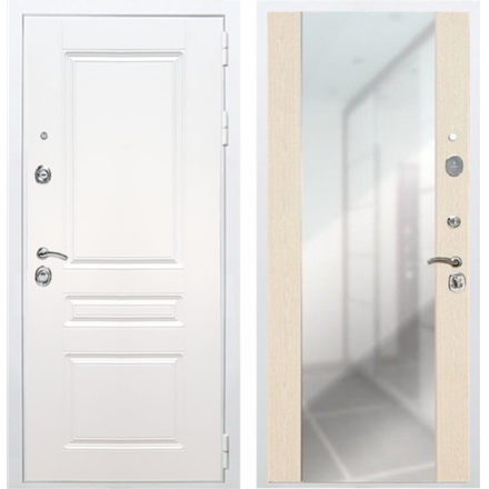 Входная металлическая белая дверь с зеркалом RеX (РЕКС) Премиум H белая ФЛ-243 силк сноу /  СБ-16 Лиственница бежевая