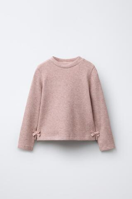 ZARA БЛЕСТЯЩАЯ ФУТБОЛКА В РУБЧИК С БАНТАМИ, РОЗОВЫЙ МЕЛАНЖ