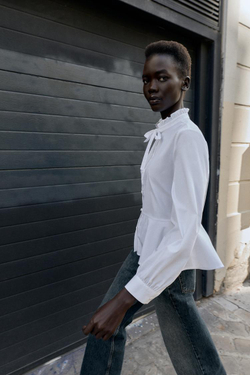 ZARA РУБАШКА ИЗ ПОПЛИНА С БАНТОМ, БЕЛЫЙ